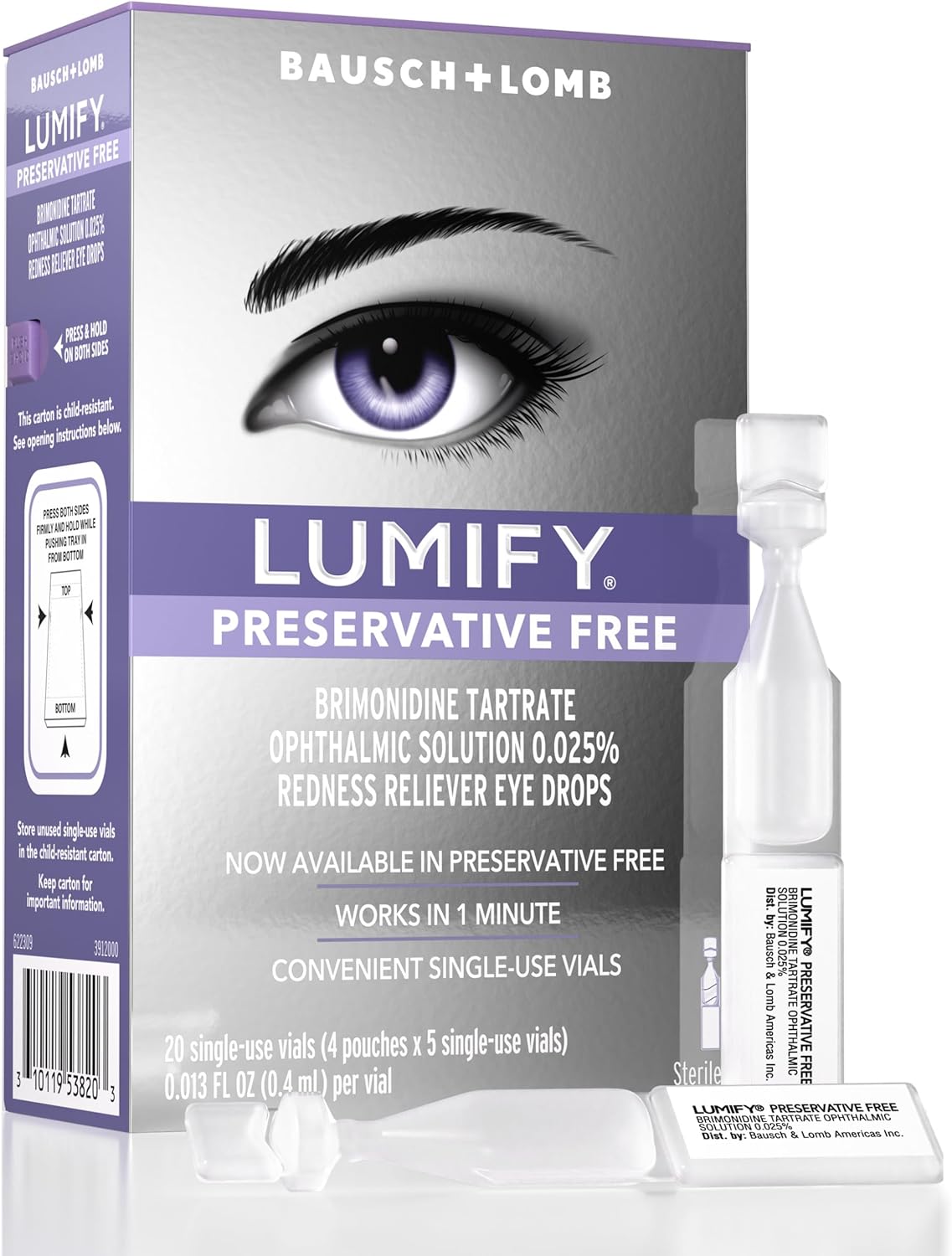 LUMIFY Preservative Free Eye Drops for Red Eyes, Redness Reliever for Sensitive Eye, Brighter and Whiter Looking Eyes, Works in 1 Minute & Lasts Up to 8 Hours, 20 Single-Use Vials