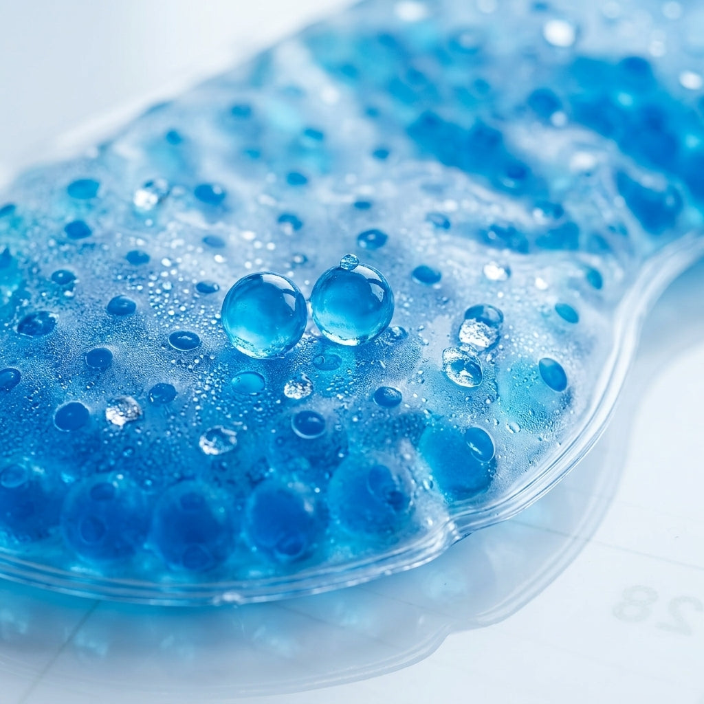 Blue gel beads on a gel pad with water droplets on a white background