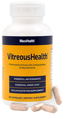 VitreousHealth bottle containing 90 capsules with capsules beside the bottle
