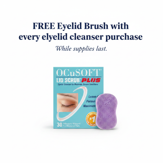 OCuSOFT Lid Scrub Plus with free lilac eyelid brush — free with every eyelid cleanser purchase while supplies last