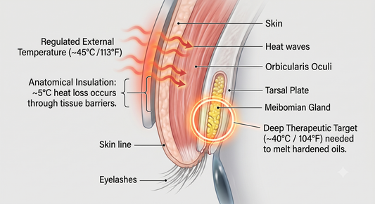  Sagittal cross-section of the upper eyelid showing heat penetration from an eye mask through skin, orbicularis oculi muscle, and tarsal plate to the meibomian gland 