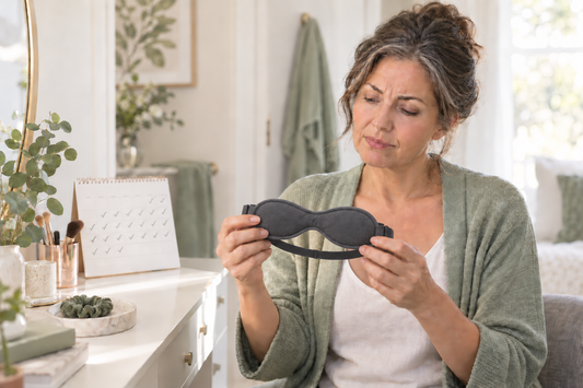 Woman considering a heated eye mask for dry eye comfort