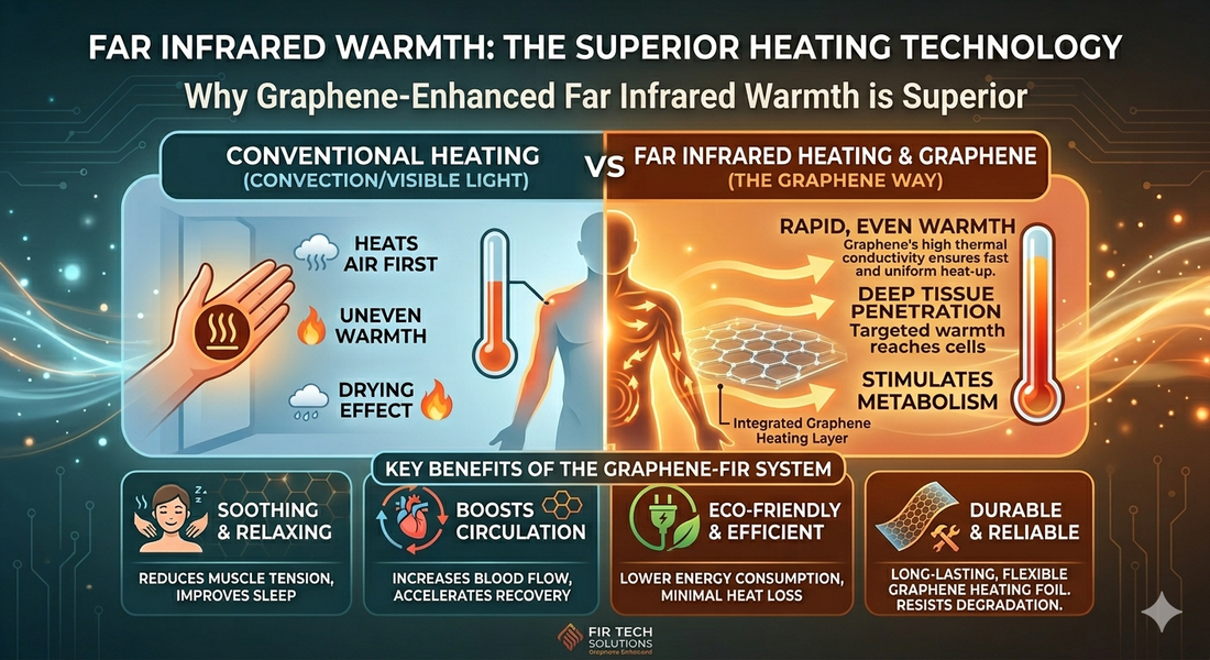 Far Infrared Heating & Graphene  technology, illustrating how the graphene way is superior with rapid even warmth, deep tissue penetration, and stimulated metabolism