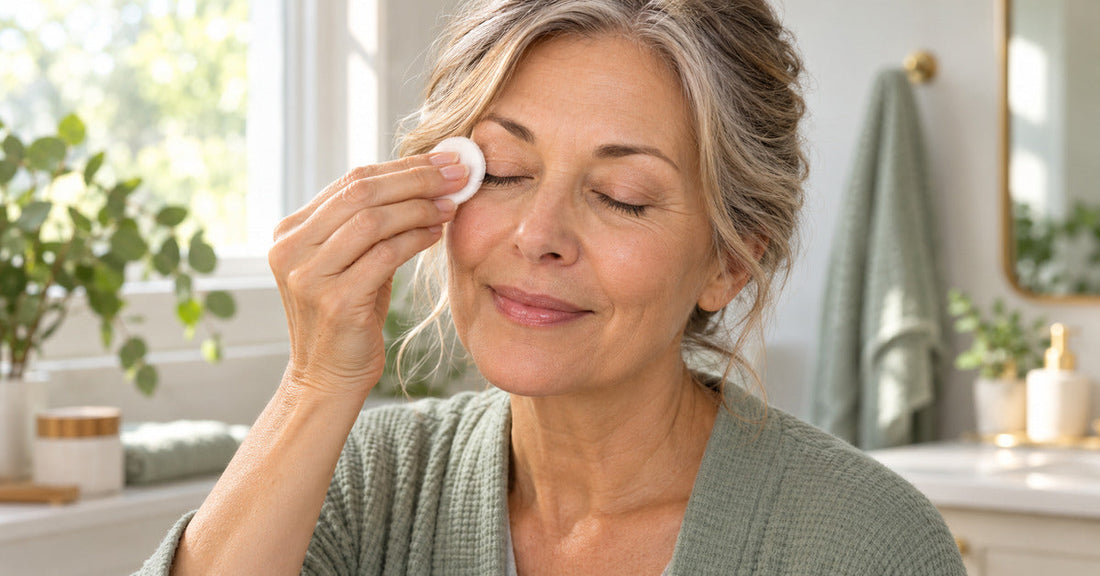 Woman gently cleaning her closed eyelid with a soft white cleansing pad in a sunlit bathroom.