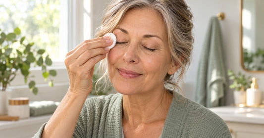 Woman gently cleaning her closed eyelid with a soft white cleansing pad in a sunlit bathroom.