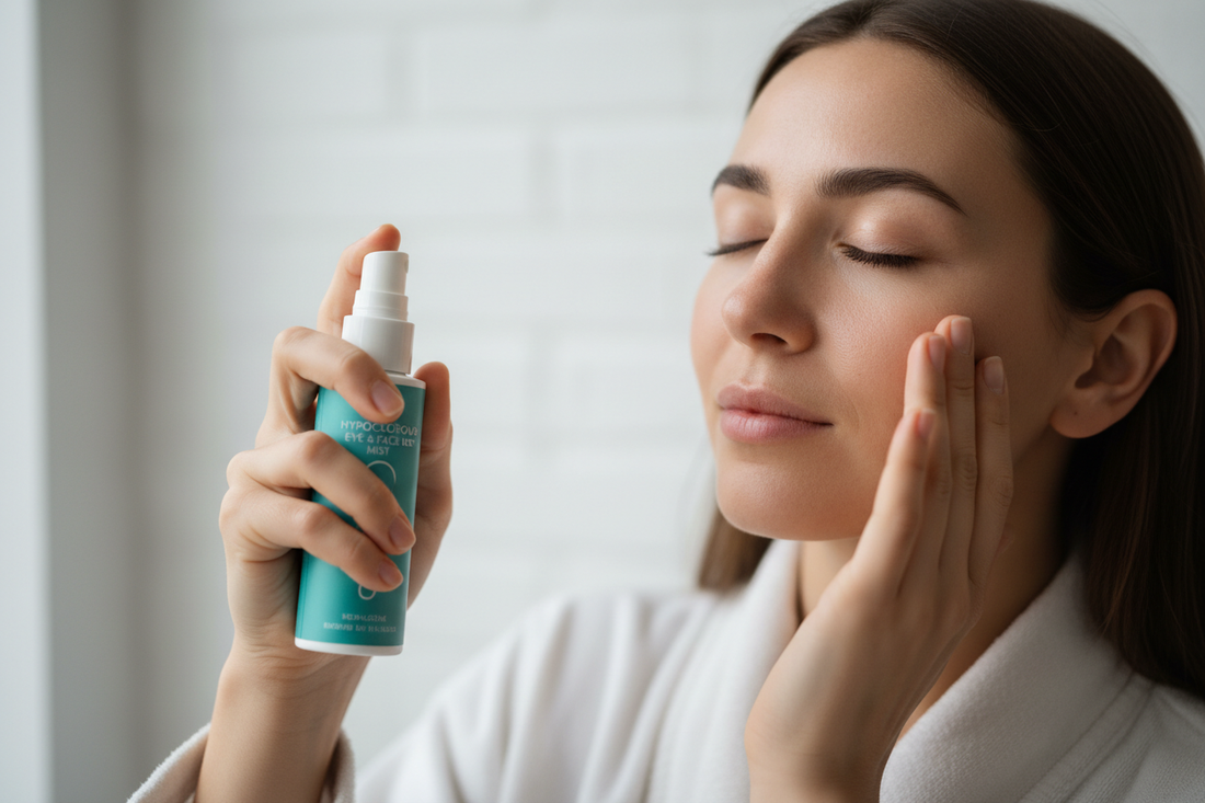Person gently applying hypochlorous acid spray near the eye area for soothing relief and skin healing
