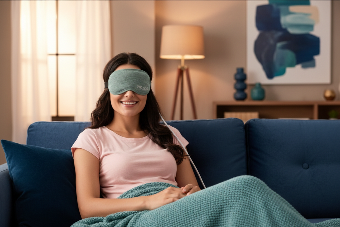 Person relaxing with a heated eye mask for dry eye and meibomian gland therapy"