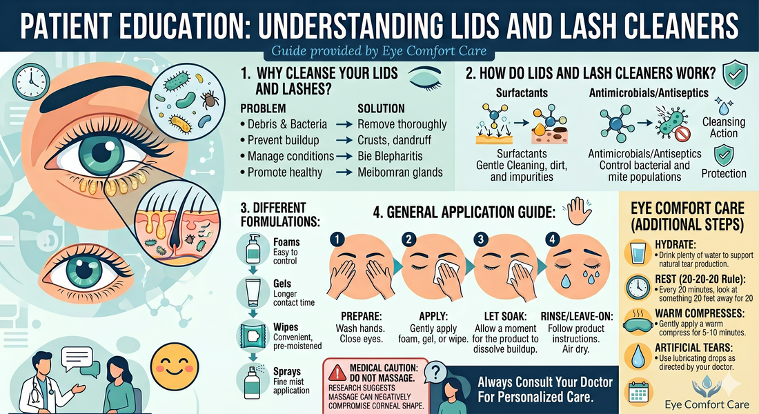 An educational titled "Patient Education: Understanding Lids and Lash Cleaners - Guide provided by Eye Comfort Care." The infographic features anatomical eye diagrams