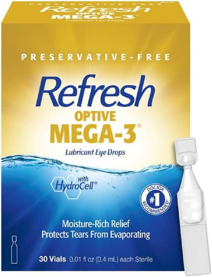 Refresh Optive Mega-3 Lubricant Eye Drops — preservative-free omega-3 lubricant drops for chronic dry eye relief