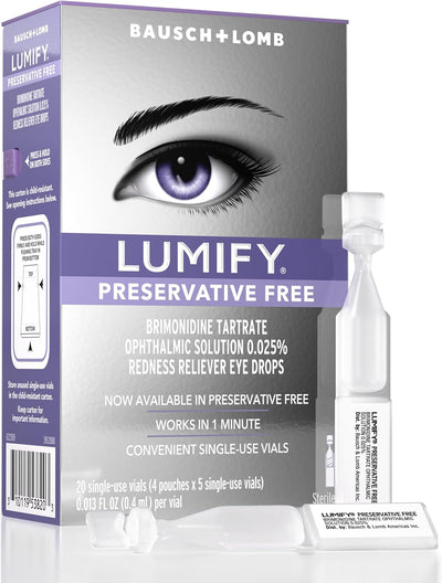 LUMIFY Preservative Free Eye Drops for Red Eyes, Redness Reliever for Sensitive Eye, Brighter and Whiter Looking Eyes, Works in 1 Minute & Lasts Up to 8 Hours, 20 Single-Use Vials