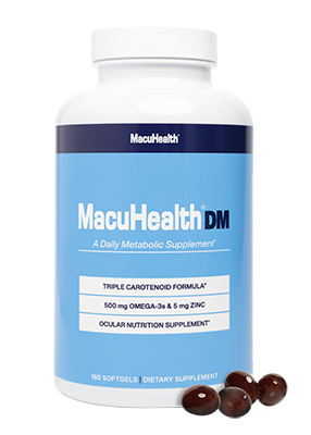MacuHealth DM bottle containing 180 softgels with softgels beside the bottle