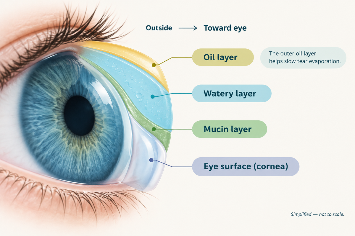 Simplified diagram of the eye's tear film: outer oil layer, watery layer, mucin layer, and cornea.