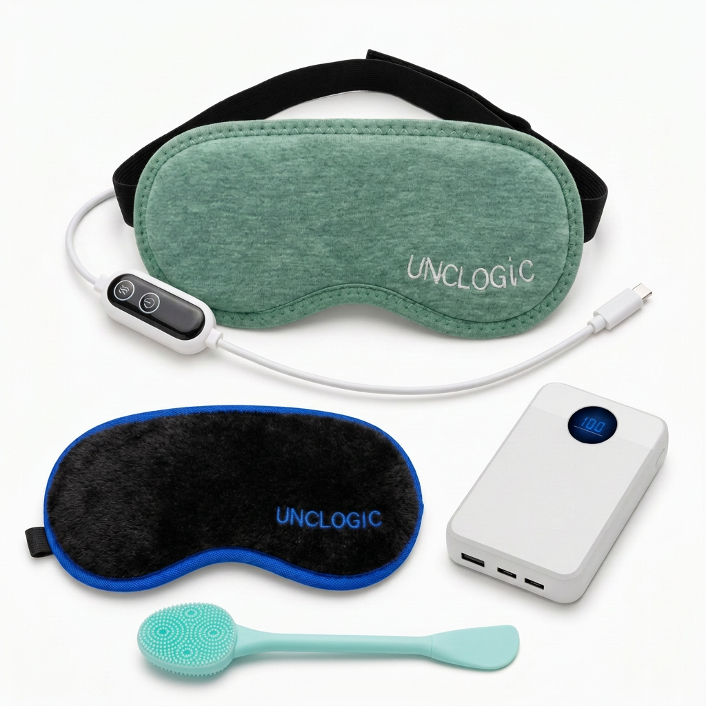 UNCLOGIC® Complete Heated Eye Mask Kit — Sensitive + Power Bank, Extra Velvet Cover & Lid Brush