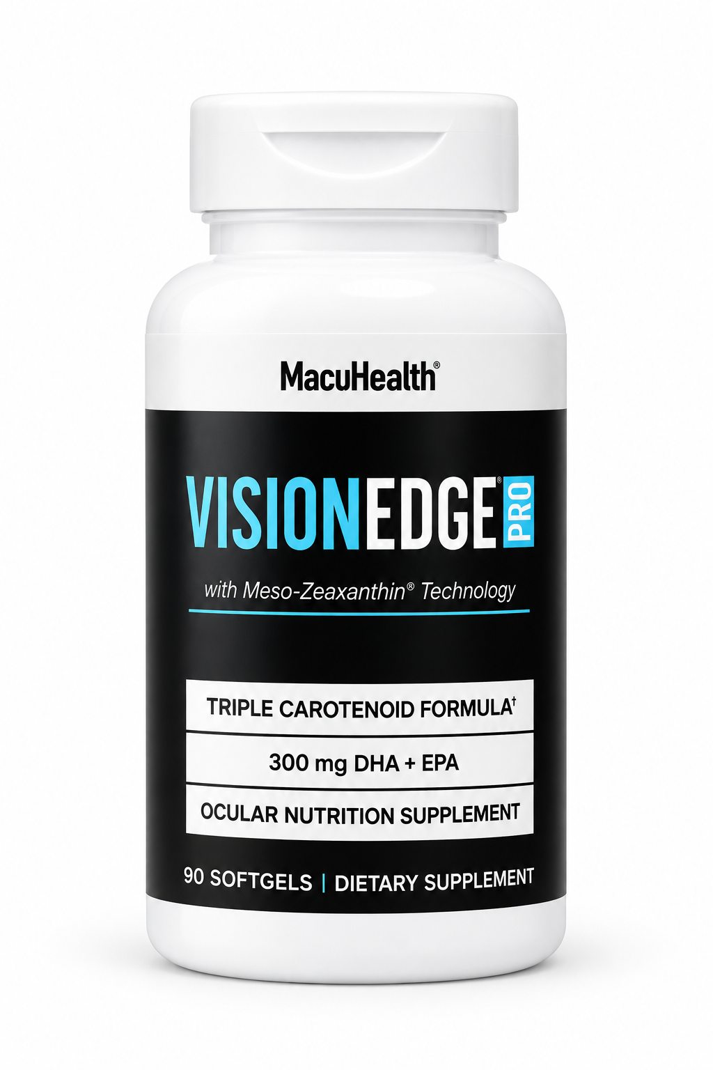 A white bottle of MacuHealth VisionEdge 200 dietary supplement softgels, featuring a black label with white and blue text.