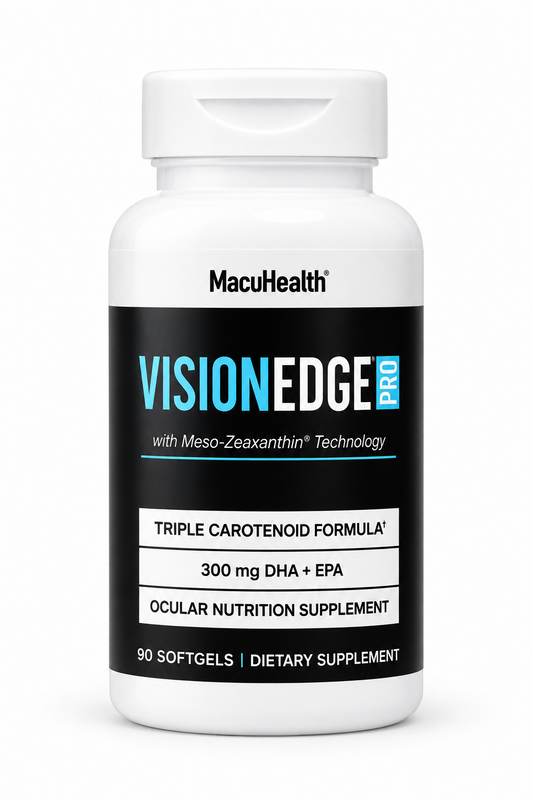 A white bottle of MacuHealth VisionEdge 200 dietary supplement softgels, featuring a black label with white and blue text.