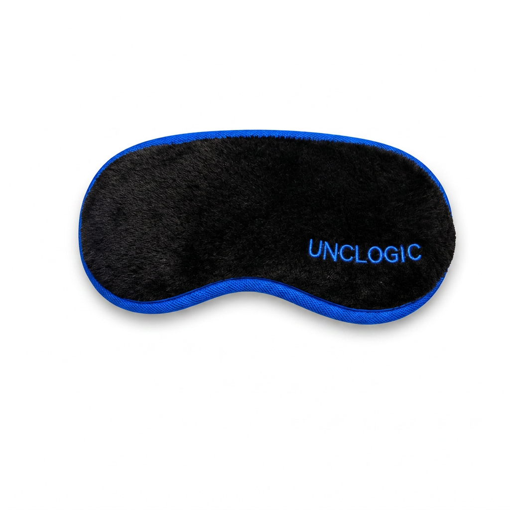 UNCLOGIC black velvet eye mask cover with blue trim and embroidered logo, without cable or controller