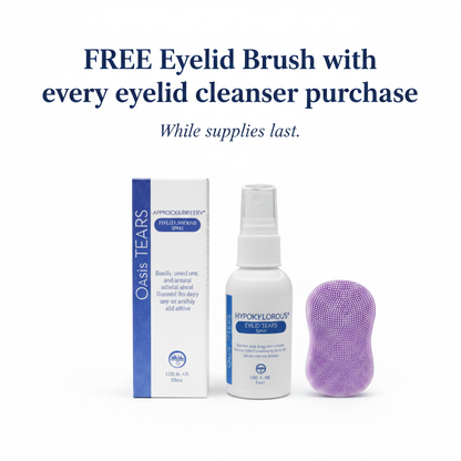 Oasis TEARS Hypochlorous Spray with free lilac eyelid brush — free with every eyelid cleanser purchase while supplies last