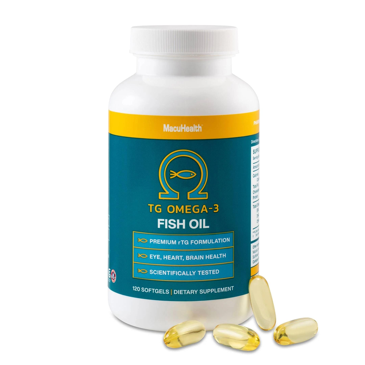TG Omega-3 bottle containing 120 softgels with softgels beside the bottle