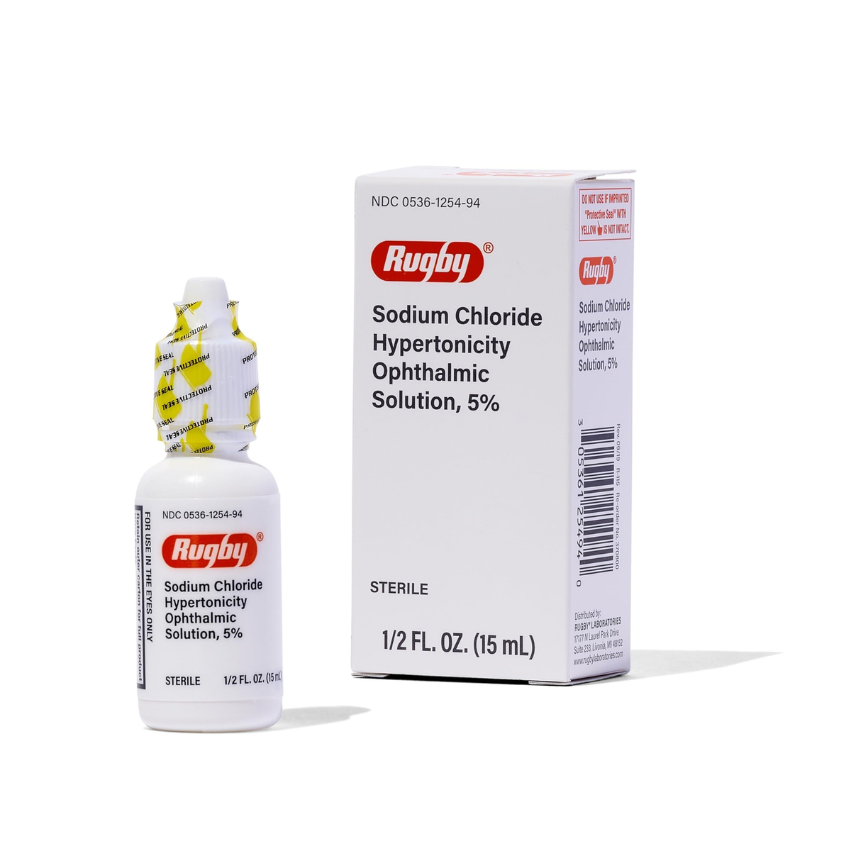 Rugby sodium chloride ophthalmic solution 5%, 15 mL bottle with retail box
