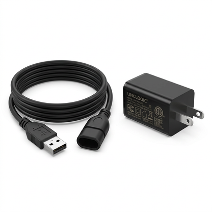 Black UNCLOGIC extension cable coiled beside a black two-prong wall power adapter on a white background