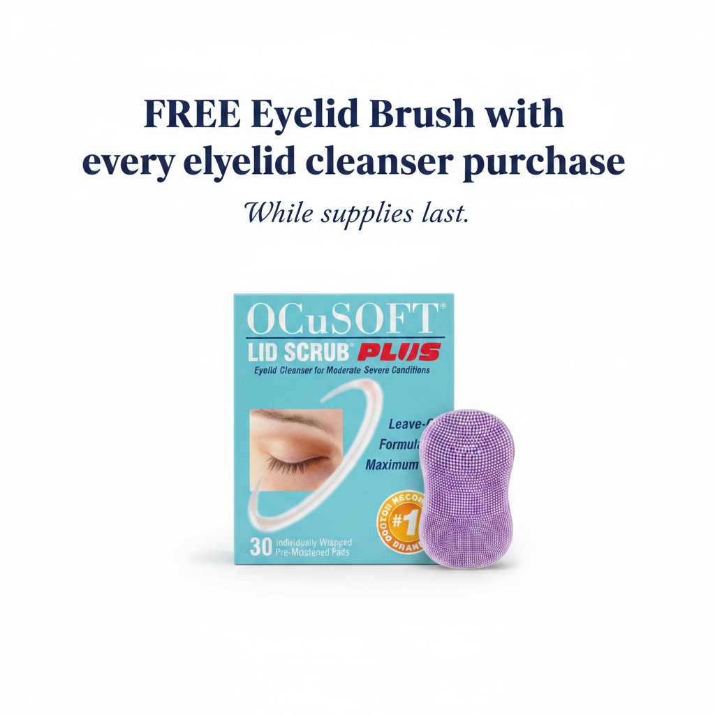 OCuSOFT Lid Scrub Plus with free lilac eyelid brush — free with every eyelid cleanser purchase while supplies last