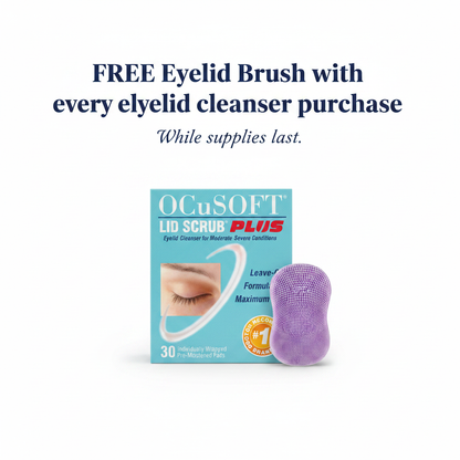 OCuSOFT Lid Scrub Plus with free lilac eyelid brush — free with every eyelid cleanser purchase while supplies last