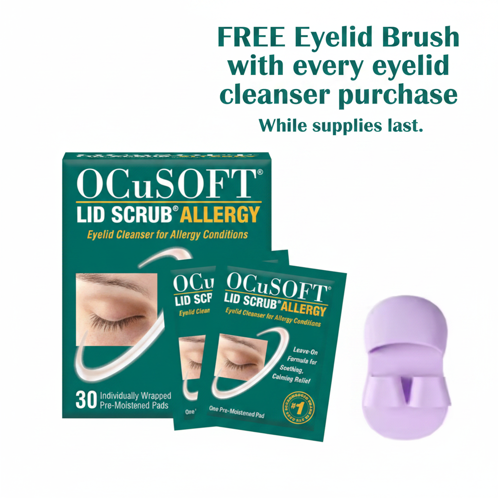 OCuSOFT Lid Scrub Allergy Wipes with free lilac eyelid brush — free with every eyelid cleanser purchase while supplies last
