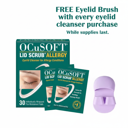 OCuSOFT Lid Scrub Allergy Wipes with free lilac eyelid brush — free with every eyelid cleanser purchase while supplies last