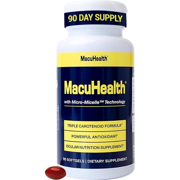 MacuHealth bottle containing 90 softgels with a softgel beside the bottle