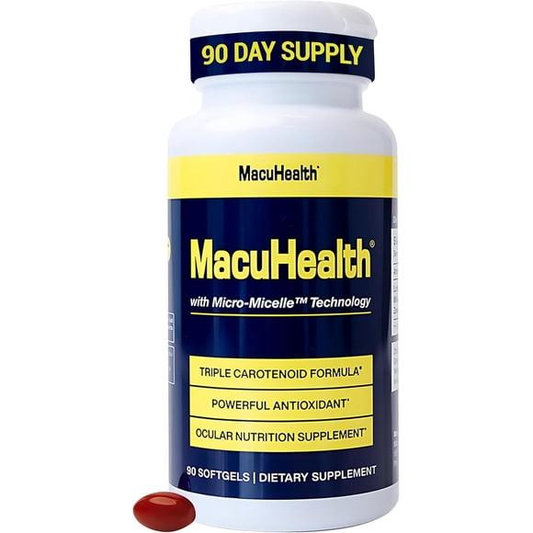 MacuHealth bottle containing 90 softgels with a softgel beside the bottle
