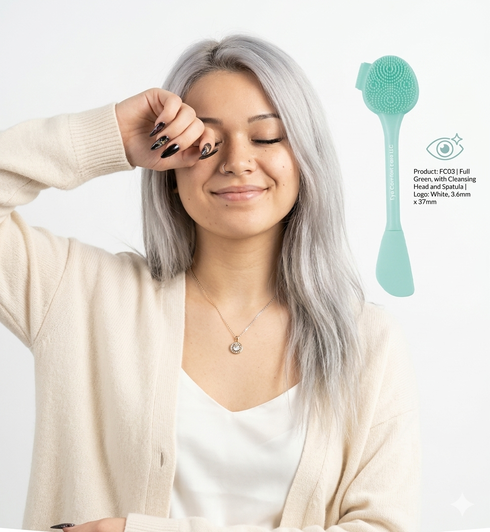 Woman with gray hair holding a teal facial cleansing brush against a white background