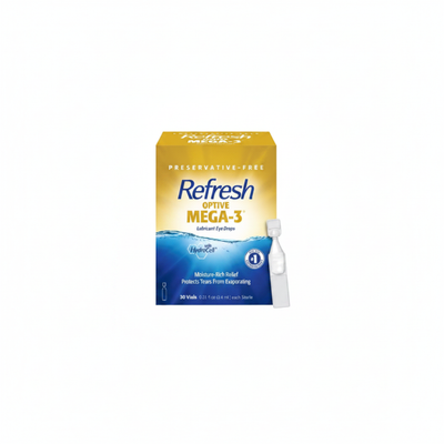 Refresh Optive Mega-3 Lubricant Eye Drops For Dry Eyes, Preservative-Free, 0.01 Fl Oz Single-Use Containers, 30 Count
