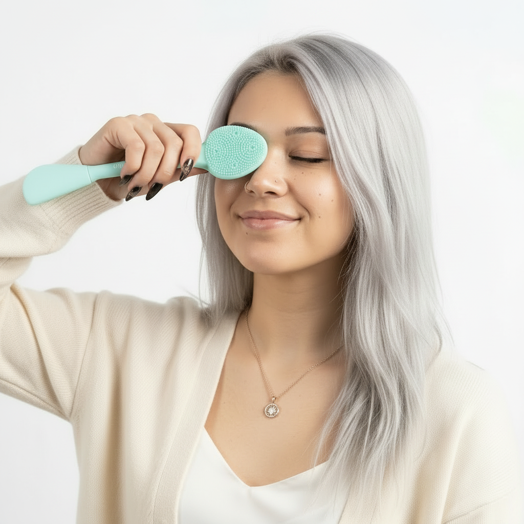 Female holding eye comfort care eyelid brush 