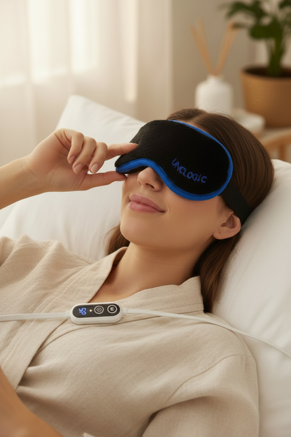Woman lying down relaxing while wearing the UNclogic Heated Eye Mask — black plush mask with blue trim over eyes, inline controller resting on chest, spa-style dry eye heat therapy at home